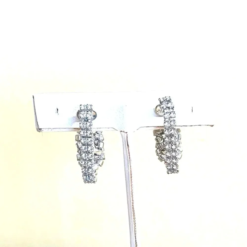 Vtg Mid-Century Clear Rhinestone Art Deco Clip Earrings Huggie Hoop Bridal Retro